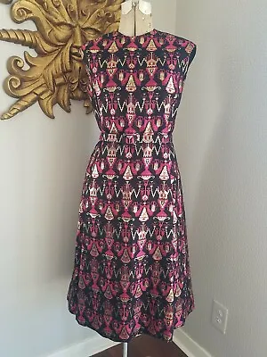 VTG 60's MALCOLM STARR METALLIC GOLD + PINK ETHNIC ELINOR SIMMONS SHIFT DRESS S • $349