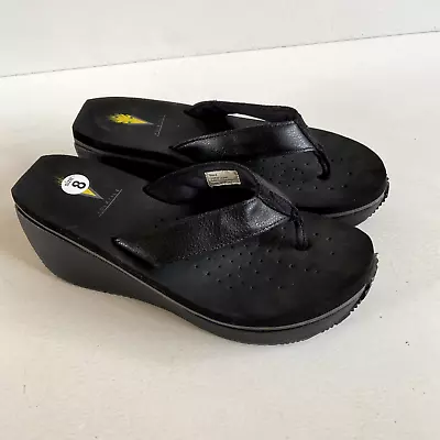 Volatile Platform Wedge Flip Flop Thong Sandals Black Leather Women Sz 8 • $26.99