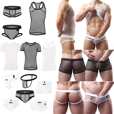 £9.76 • Buy Sexy Men Undershirts Mesh Transparent Tops Gay Boxers Briefs G-strings Beachwear