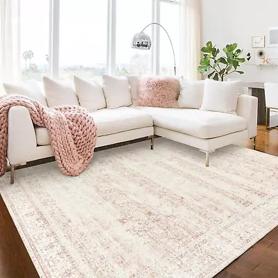 Nursery Rug For Baby Girl Neutral Blush Pink Boho Floral Washable Soft Faux Wool • $114.98