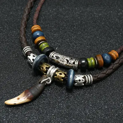 Men's Fashion Jewelry Brown Leather Beaded Weave Rope Tooth Pendant Necklace • $5.90