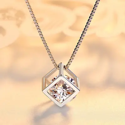 925 Sterling Silver Cube Stone Pendant Chain Necklace Womens Girl Jewellery Gift • £3.47