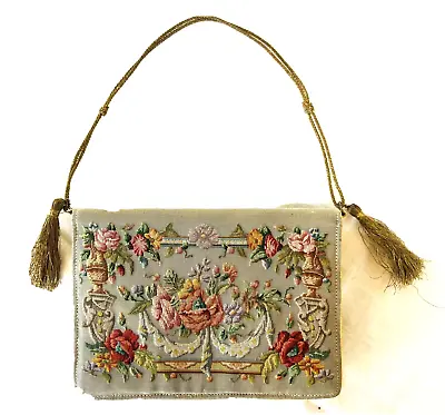 Antique French Silk Petitpoint Embroidered Roses Evening Purse Handbag • $145