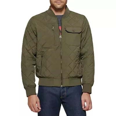 $150 LEVI'S Mens Diamond Quilted Nylon Bomber Jacket Olive Green Size LARGE NEW • $49.99