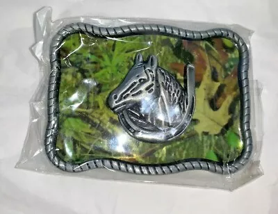 Horse Head Horseshoe Metal Belt Buckle Camo Green Background 3-7/8  X 2-7/8  NEW • $12.40