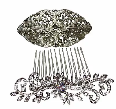 2 Metal Hair Accessories Barrett And Comb Floral Silver Tone Faux Pearls 4.5 In • $10.95