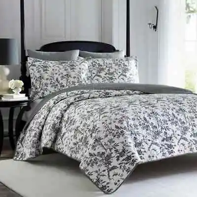 Laura Ashley Quilt Full/Queen 90 X90  Amberley 3-Piece Black+White Floral Cotton • $76.19