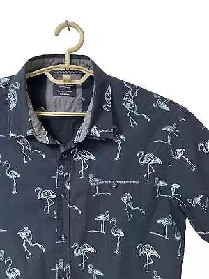 NEW Sunrise Kingdom Butn Up Shirt Mens XL Slim 44x28 Navy Blue Flamingos SS Cotn • $15.18