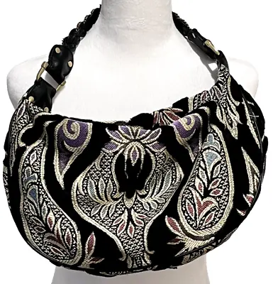 Maxx New York Black Tapestry Multicolor W/ Leather & Metal Strap Handbag Vintage • $33.10