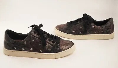 FRYE 9.5 Ivy Sneakers Shoes Maroon Metallic Stars Studded Crackle Black Leather • $62.04