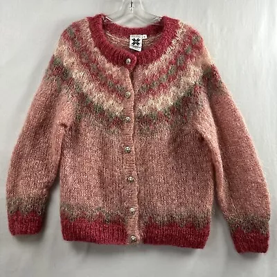 Icelandic Design Cardigan Sweater Womens Small Mohair Wool Fair Isle Pink • $33.96