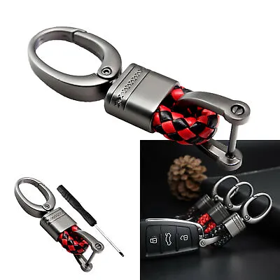 Black Red Braided Faux Leather Gunmetal Snap Key Fob Holder Keychain Key Ring • $7.97