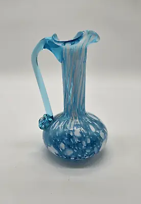 MCM 1950's Murano Peacock Blue Art Glass Speckled Confetti Pitcher Vase 5  • $30.60