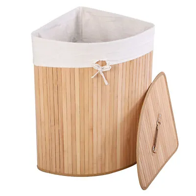Costway Corner Bamboo Hamper Laundry Basket Washing Cloth Bin Bag Lid Natural • $49.99