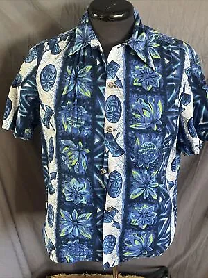 Vintage 60s Ui Maikai Blue Tiki Mask Tribal Hawaiian Aloha Cotton Men Shirt Blue • $39.95