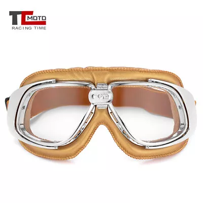 Motorcycle Vintage Leather Goggles Flying Pilot Retro Eyewear Clear Lens Cycling • $8.40