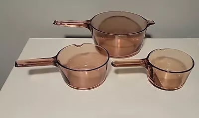 Pyrex Vision Ware Amber Brown Corning Cookware Set 2.5L 1L 0.7L Pot Sauce Pan • $39.95