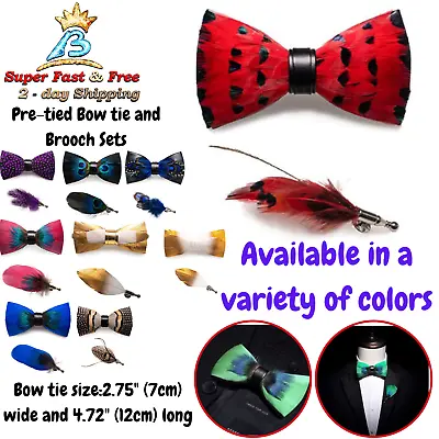 Mens Fashion Handmade Leather Feather Pre Tied Bow Tie Brooch 2 Piece Gift Set • $28.80