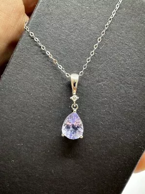 9ct Solid White Gold Amethyst Teardrop / Pear & Diamond Pendant 375 9k Charm • $160