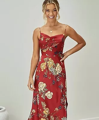 Women’s Here Comes The Sun Satin Midi Dress By Nicola In Red Floral Size 8 • $24