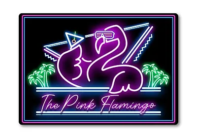 Pink Flamingo Bar Sign METAL Plaque Eighties Neon Cocktail Style 80s Home Bar • £23.05