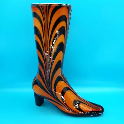 Venetian Murano Orange & Black High Heel Boot Tiger Stripe Glass Vase • $79