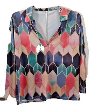 Women's Size M Collared V-Neck Long Sleeve Multicolor Colorblock Top • $6.99