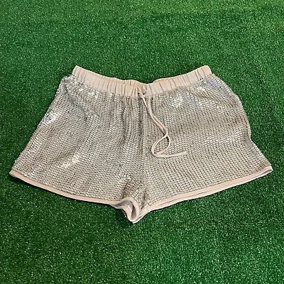 H&M Women's Elastic Waist Sequin Silver Roller Skating Disco Party Shorts Size 4 • $10