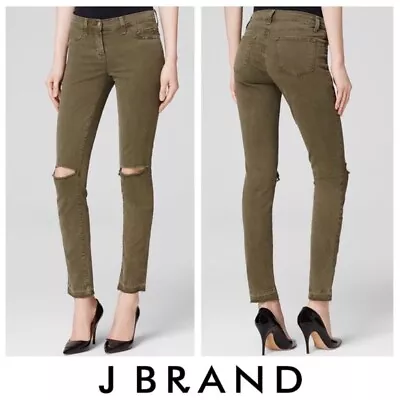 J Brand Size 26 Mid Rise Jungle Army Green Skinny Jeans Raw Hem Distress • $17