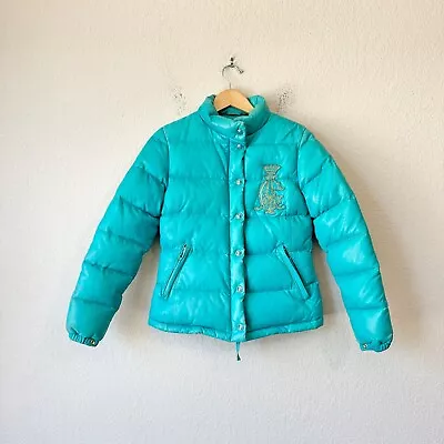 CHRISTIAN AUDIGIER Ed Hardy Puffer Coat Jacket In Teal Faux Leather Sz S W8057 • $115