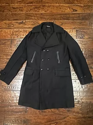 Hannes Roether Men’s Wool Pea Coat W/ Leather Trim Black Size L • $89.99