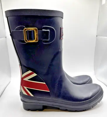 Joules Mid Navy Rain Boots Molly Welly British Union Jack Sz 6 US 4 UK • £28.92