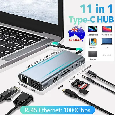 $43.99 • Buy 11 In 1 USB C Hub 4K HDMI Adapter VGA 3 USB 3.0 Ports SD/TF Type C PD AUX NEW