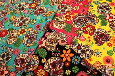 £8.50 • Buy 100% Cotton Poplin Fabric With Sugar Skulls - Mexican Day Of The Dead -halloween