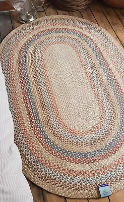 Blue Rust Beige American Braided Style Oval Rugs Soft Cotton Rustic Scandi Rug • £42