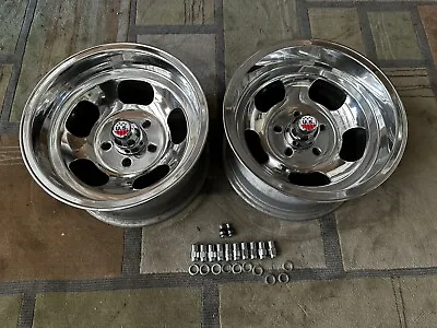 VINTAGE PAIR (2) 15x8.5 POLISHED US INDY STYLE MAGS 4 3/4 5on5 CHEVY  MISMATCHED • $399.99