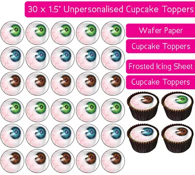 30 Halloween Eyes Edible Wafer & Icing Cupcakes Toppers Party Spooky Decoration • £2.25