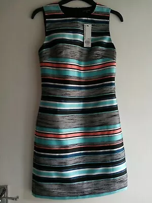 Warehouse Black Grey Aqua And Orange Jacquard Stripe Shift Dress Size 8 BNWT • £14.99