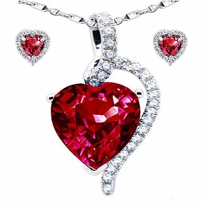 Simulated Ruby Pendant Necklace Earring Set Sterling Silver With 18 Chain • $54.15