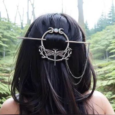 Mystical Dragonfly Crescent Moon Hairpin Clip Pick Thick Thin Hair Stick NEW • $13.95