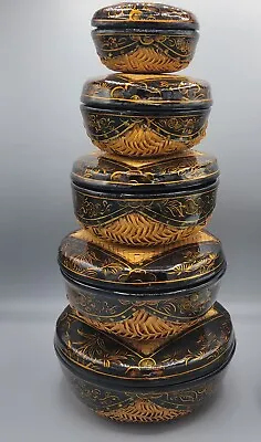 Vintage Nesting Japanese Maki-e Lacquerware Woven Bamboo Baskets With Lids - 5 • $32.50