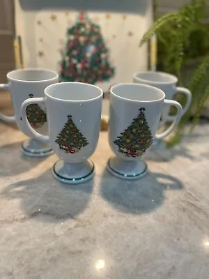 Vintage CHRISTMAS Pedestal Footed Mug Mount Clemens Pottery TREE Holiday Set 4 • $25.20