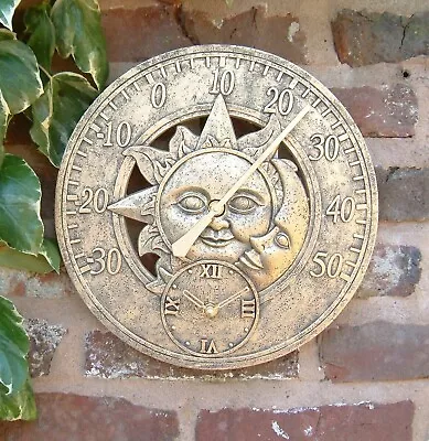 Outdoor Indoor Garden Wall Station Sun & Moon Clock Copper With Thermometer • £16.95