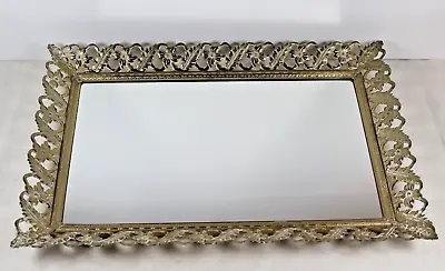 Vintage Metal Vanity Mirror Dresser Tray W/ Gold Color Filigree 15.25  X 11.25  • $20