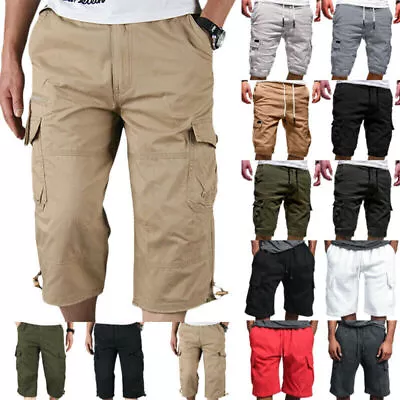 Men 3/4 Long Length Elastic Waist Shorts Waist Cargo Combat Three Quarter Pants~ • $22.79