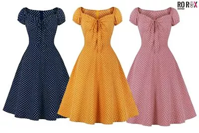 Ro Rox Jackie Gypsy Swing Dress Polka Dots Vintage 1950s Puff Sleeve Retro • £19.99