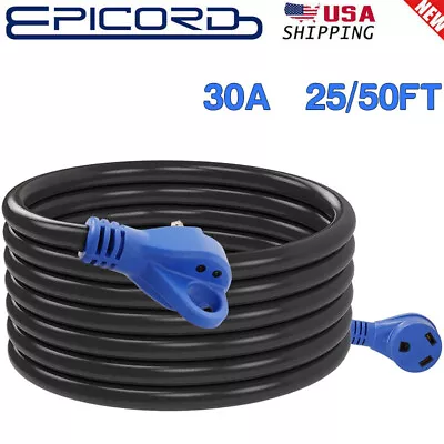 30 Amp 25/50 Feet RV Power Extension Cord STW 10AWG 3 Easy Plug Handle Blue • $45.29