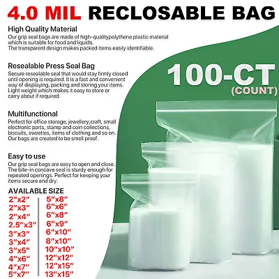 X100 4.0 Mil Thickness Zipper Reclosable Ziplock CLEAR Plastic Seal Poly Bags • $15.99