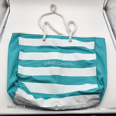 MoroccanOil Beach Bag Tote  STRIPED Teal White Rope Handles 14 X11 X4  Boat • $25