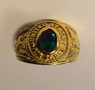 US Air Force Solid College Ring With Emerald CZ Stone 9ct Gold Dipped - Mens... • £80